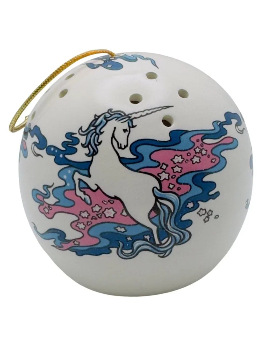 Unicorn Hand-Painted Ceramic Potpourri Ball Vtg Ornament Retro 1980s Fantasy 3